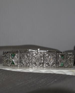 Art Deco 14k , Platinum Emerald & Diamond Bracelet 23.2G / 7in